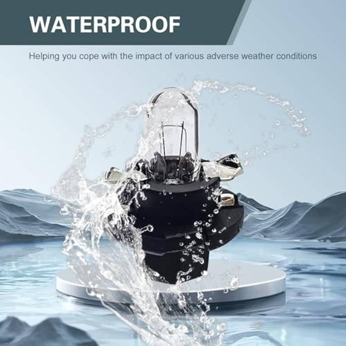 Dashboard light bulb with clear glass lamp and black base, splashing water droplets