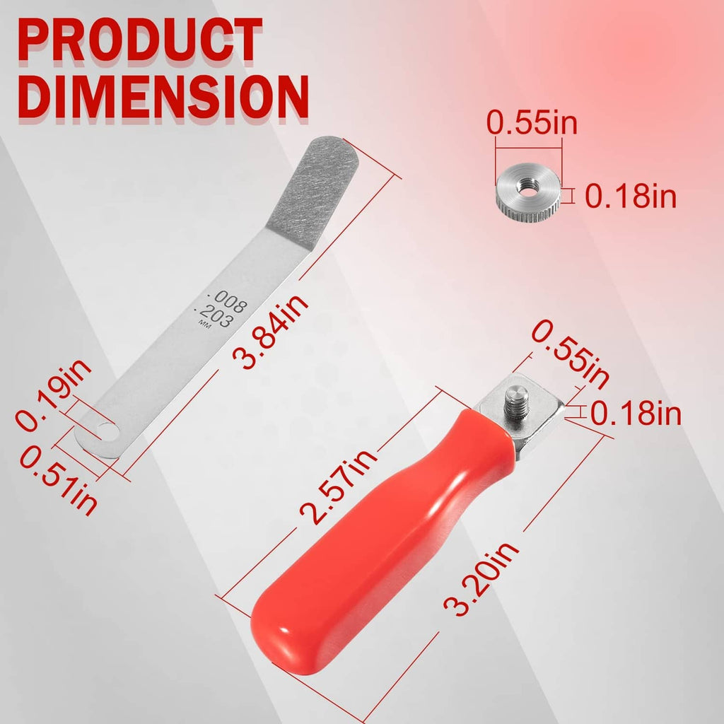 Valve tappet feeler gauge set with red handle and blade size measurements
