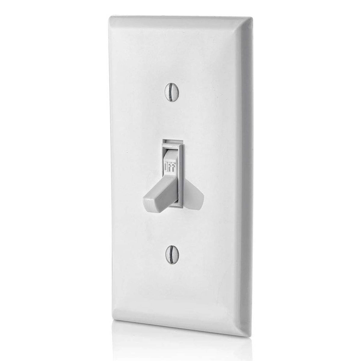 White single-pole AC toggle switch, OFF rocker on wall plate