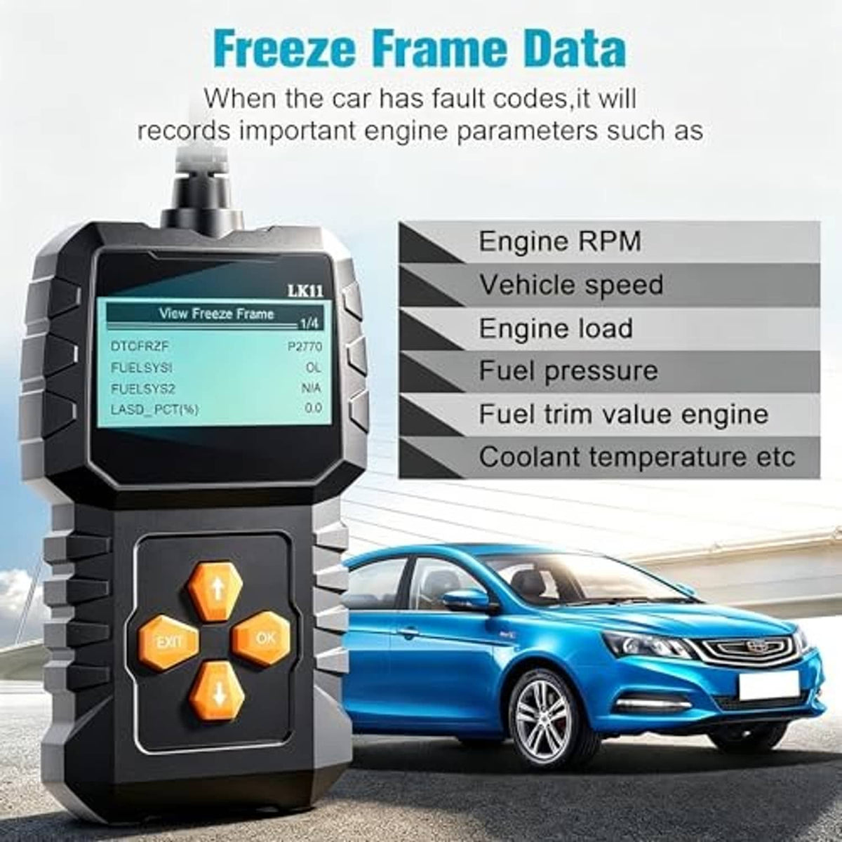 OBD2 scanner showing Freeze Frame Data and orange OK/Exit buttons