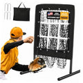 Black 9-hole baseball pitching target net with attached frame and carry bag