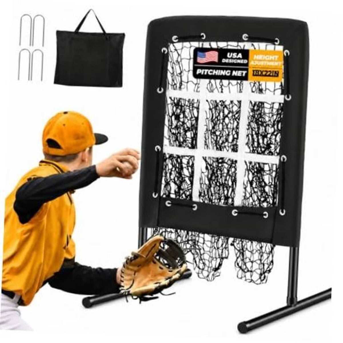 Black 9-hole baseball pitching target net with attached frame and carry bag