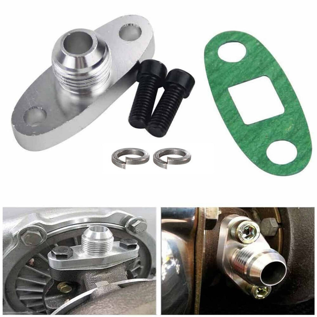Turbo oil drain outlet flange adapter kit with green gasket, black bolts, and rings