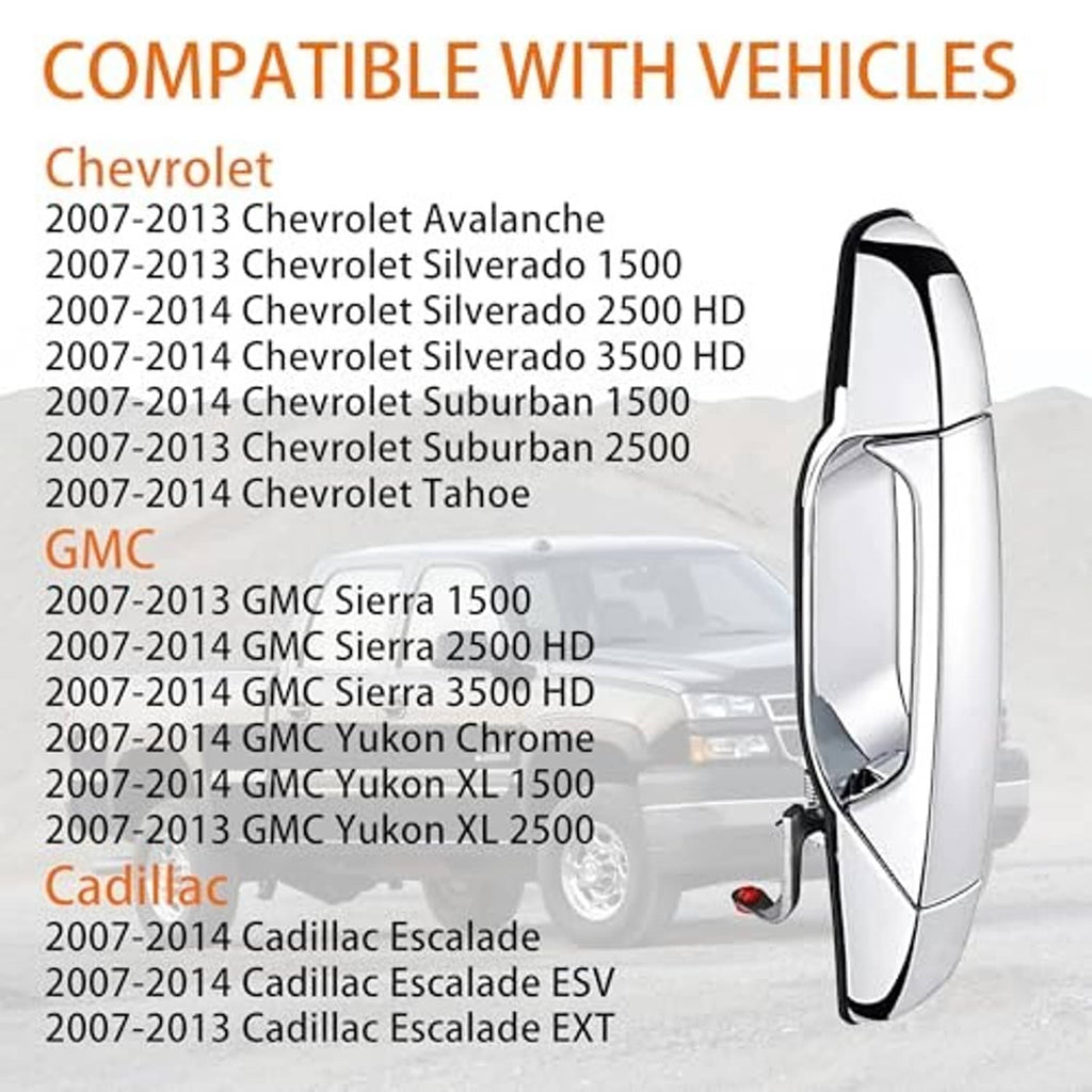 Exterior chrome door handle with compatibility list and front-right side profile view.