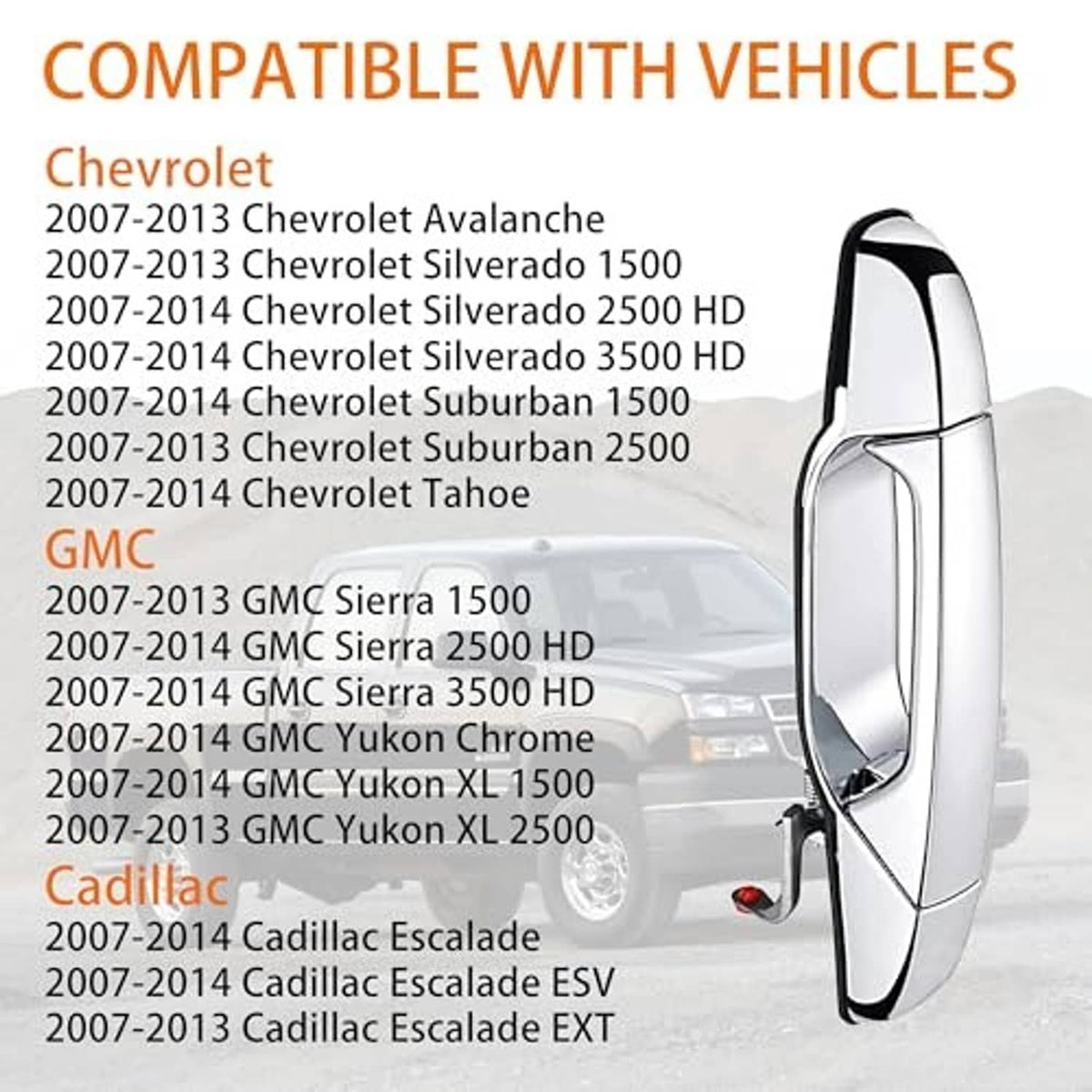 Exterior chrome door handle with compatibility list and front-right side profile view.