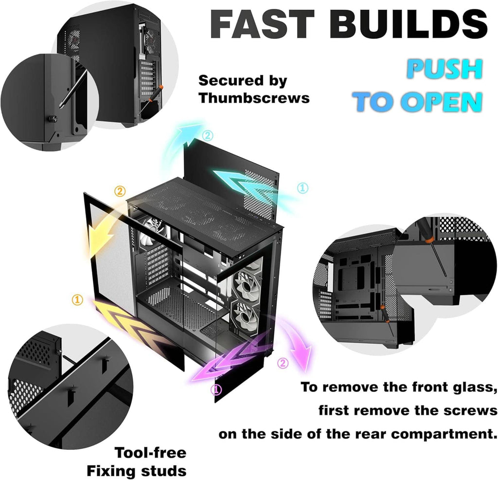 Mid-tower PC case with thumbscrew access and removable side panel for setup