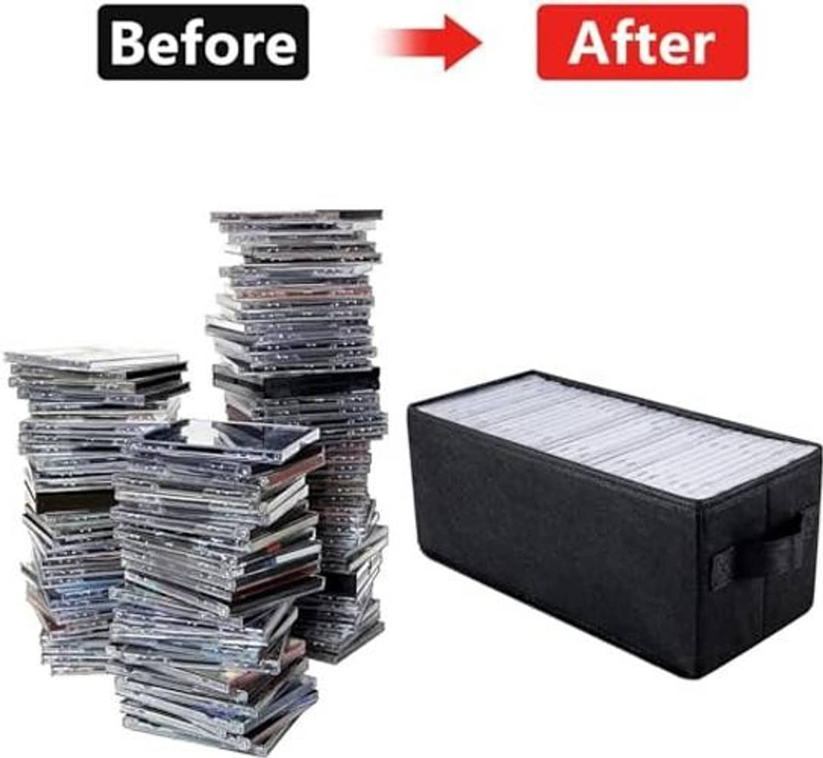 Black fabric CD storage box with lid open, organized discs inside