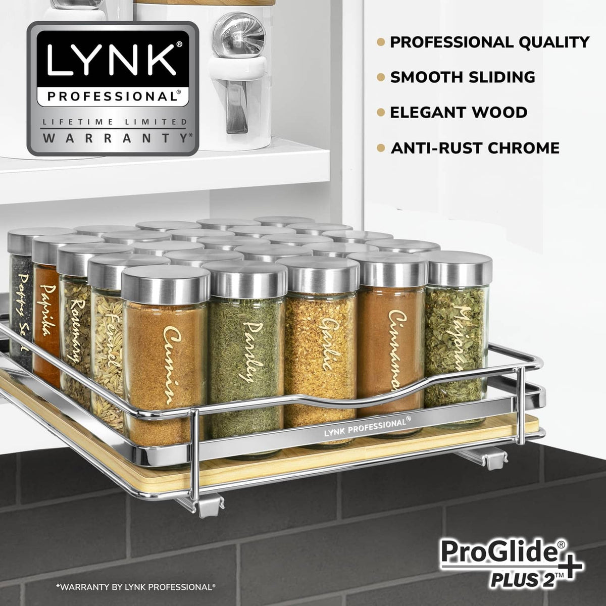Pull-out spice rack with chrome frame and wood shelf, holding spice canisters