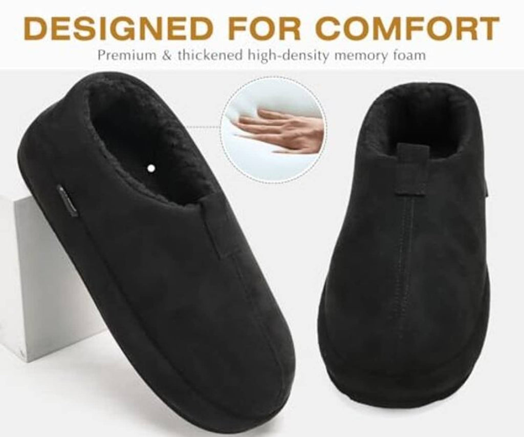 Black clog slippers, pair shown with cushioned footbed and wide collar