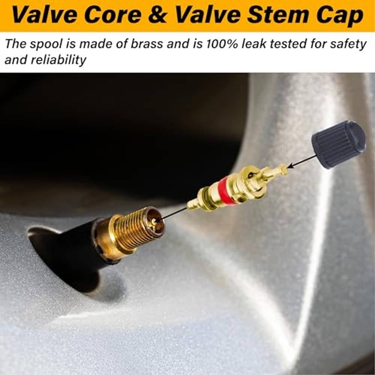 Brass valve core and valve cap with red seal and black knurled cover