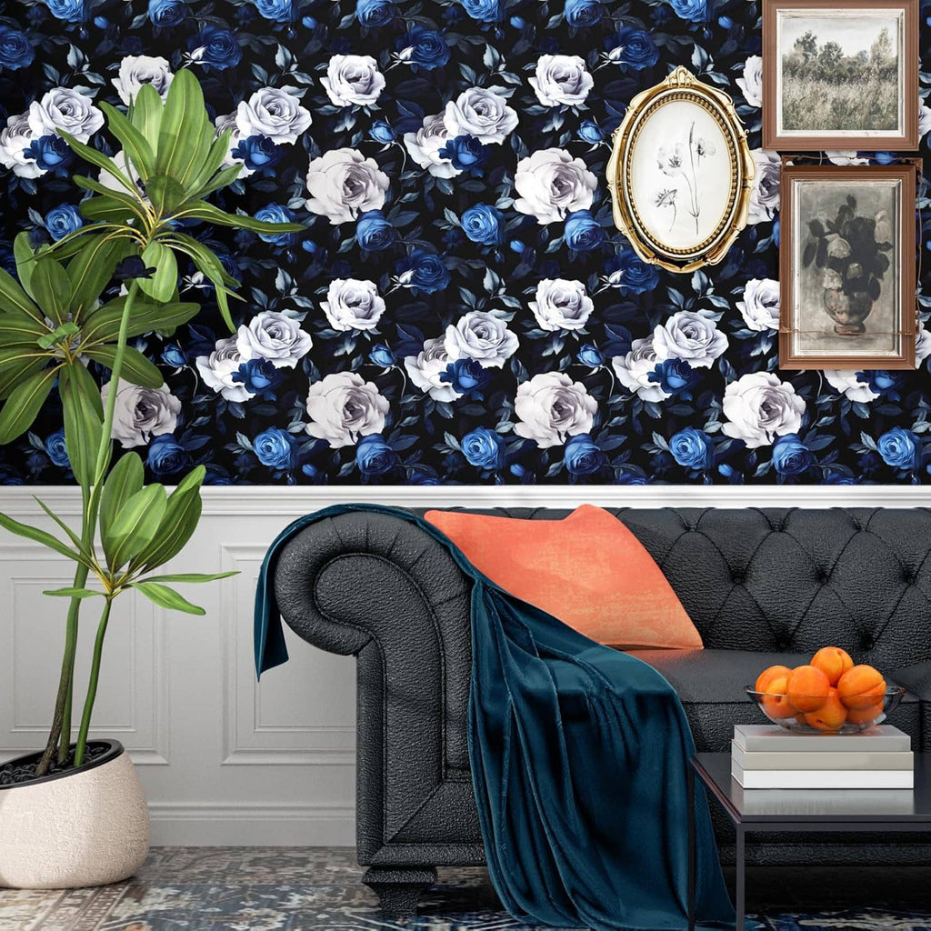 Floral peel-and-stick wallpaper wall with blue and white roses and dark leaves