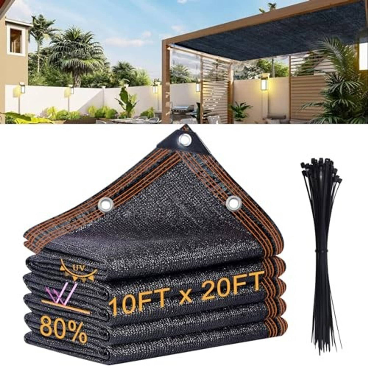 Black mesh shade cloth tarp bundle with grommet corners and hanging ties