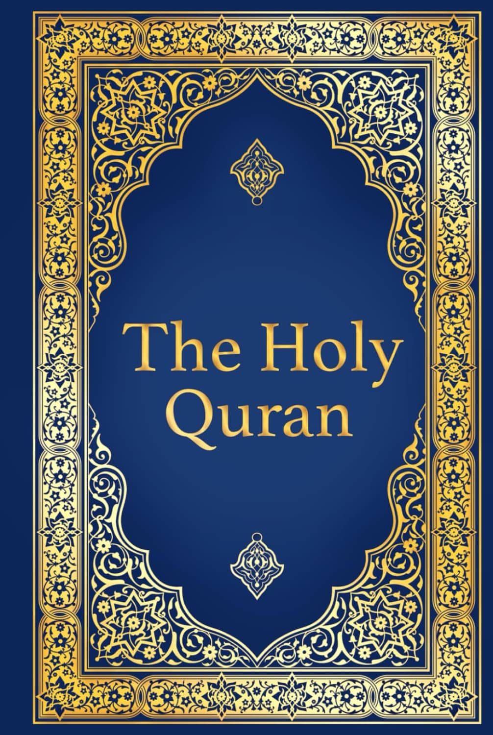 Blue Quran book cover with decorative gold corner scrolls and “The Holy Quran” title