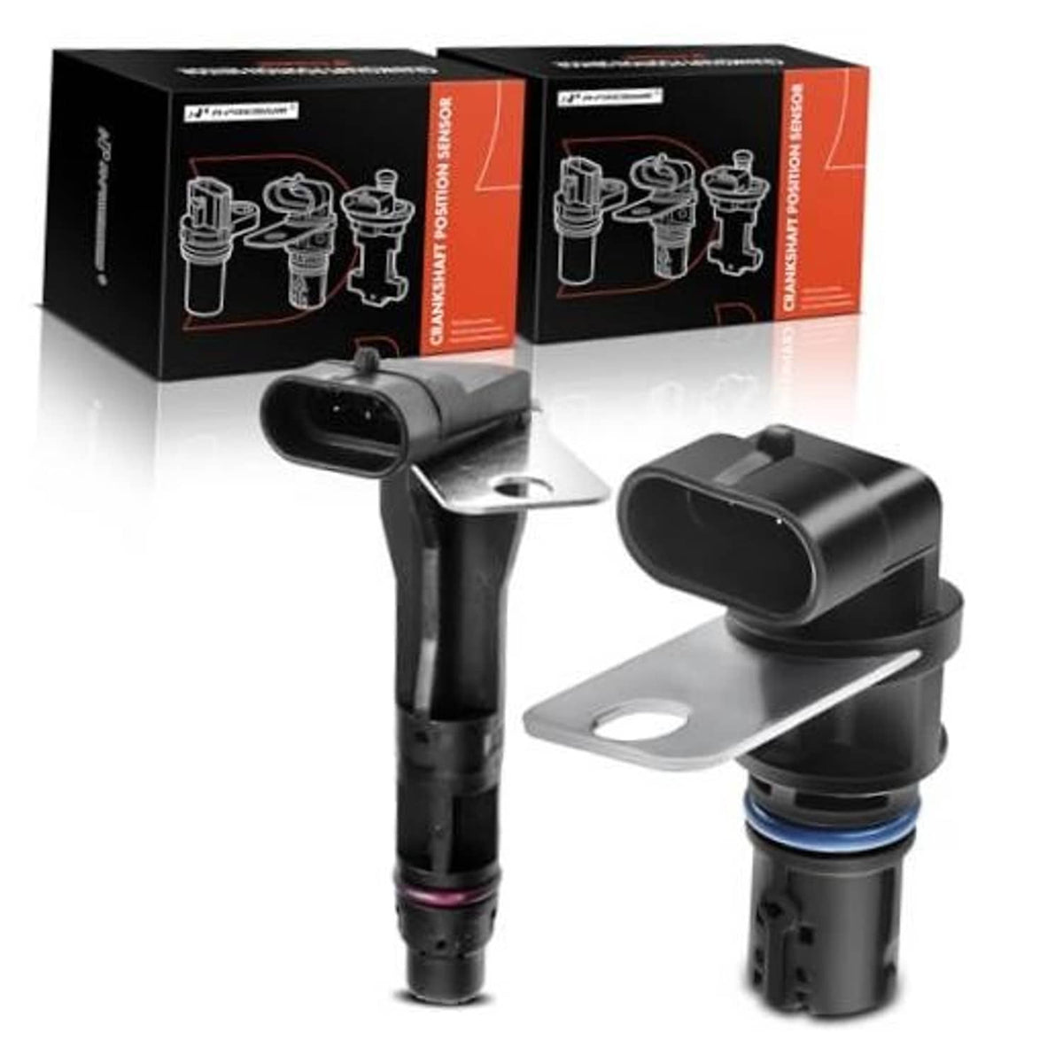 Camshaft crankshaft position sensor with two black electrical connectors and mounting bracket