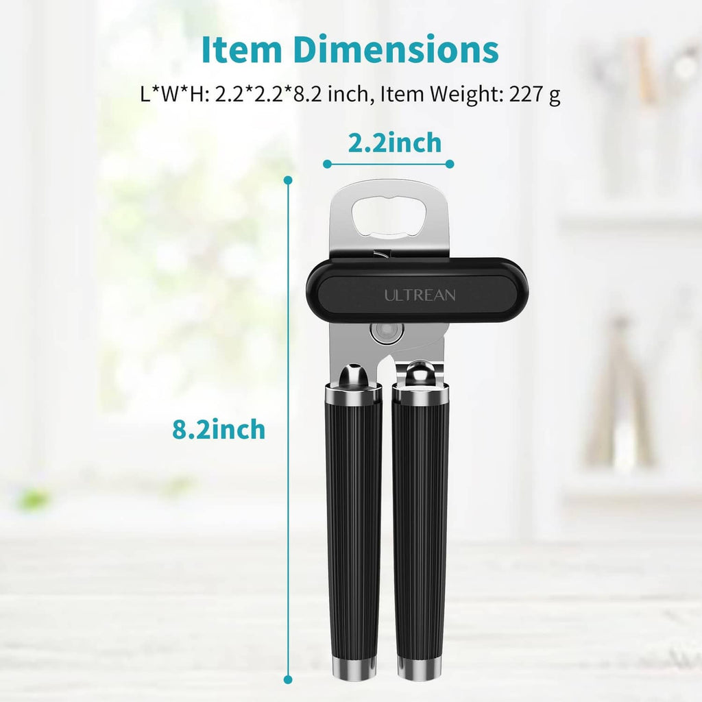 Black manual can opener and bottle opener with stainless arms, front view.