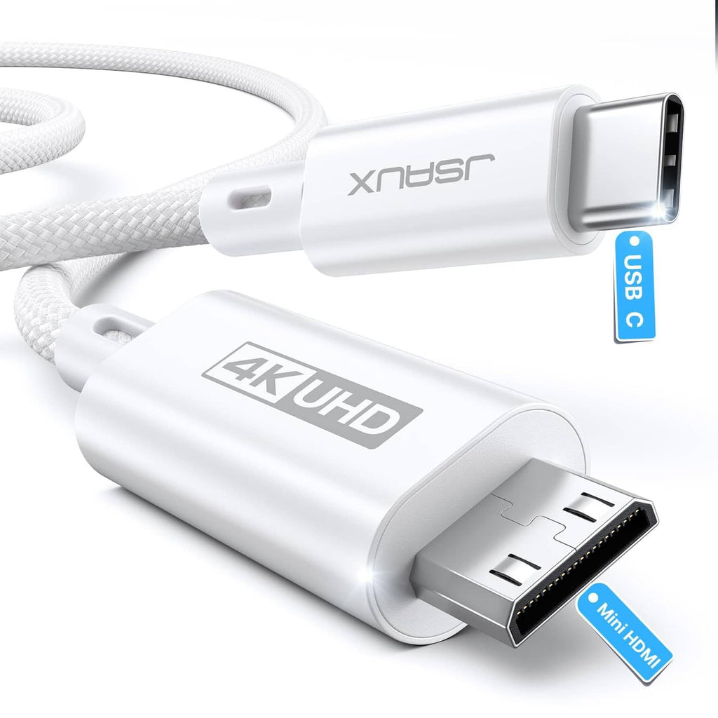 White braided USB-C to mini HDMI cable with USB-C and mini HDMI connectors