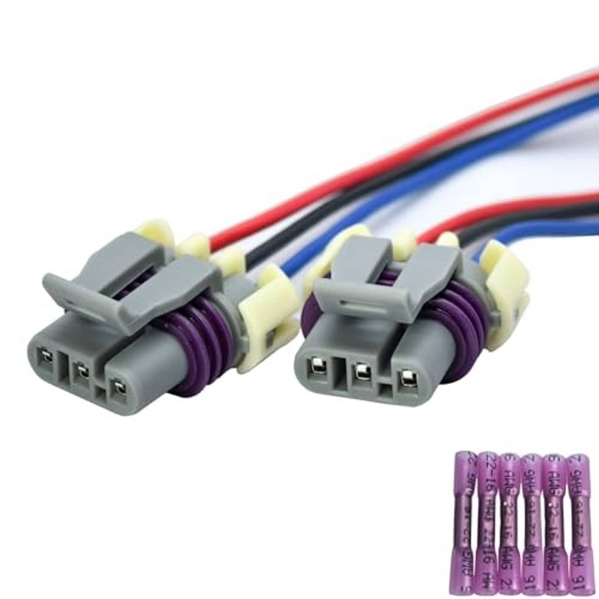 3-pin CKP connector pigtail pair showing gray plugs, purple coils, red/blue/black wires