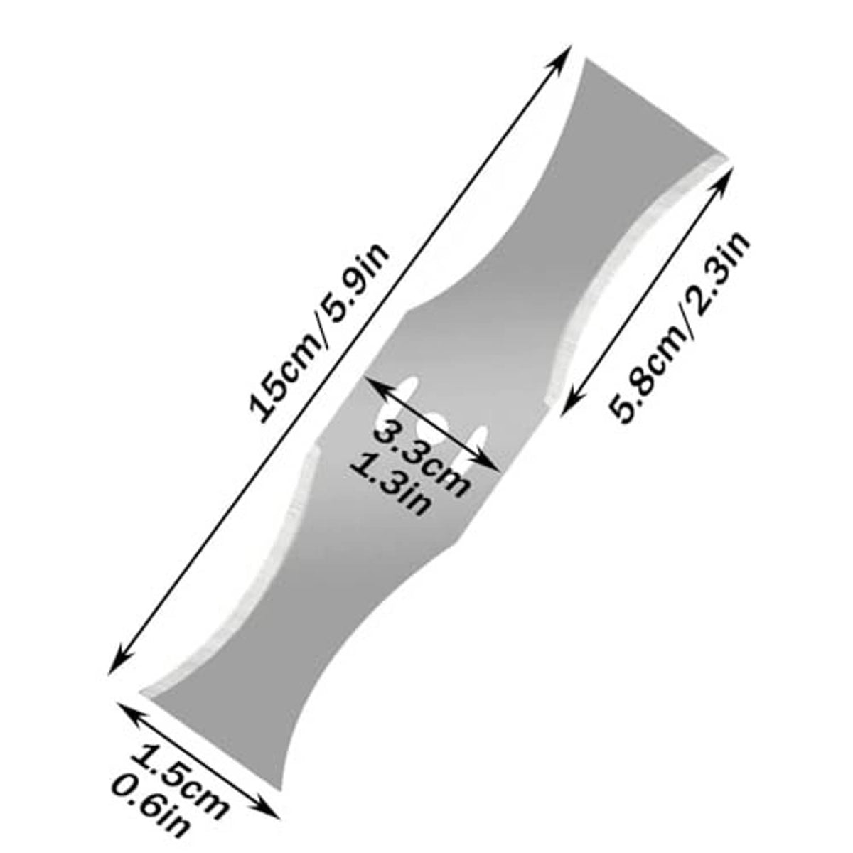 Curved metal trimmer blade with labeled measurements, for Wacker cordless