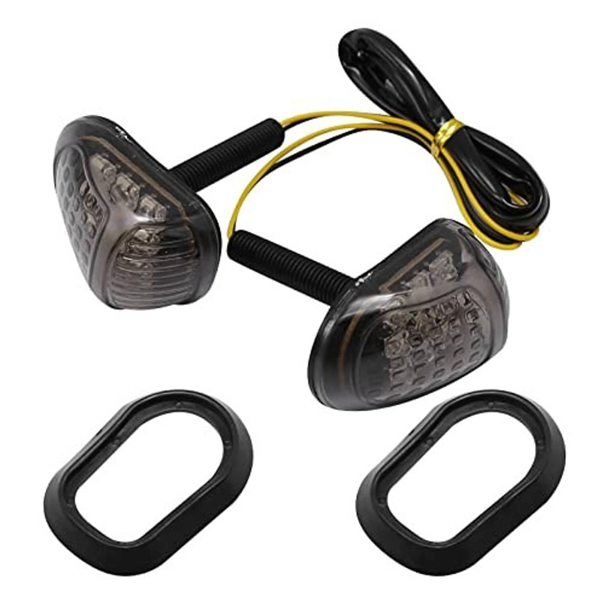 Amber LED flush-mount motorcycle turn signals with black housings and amber lenses