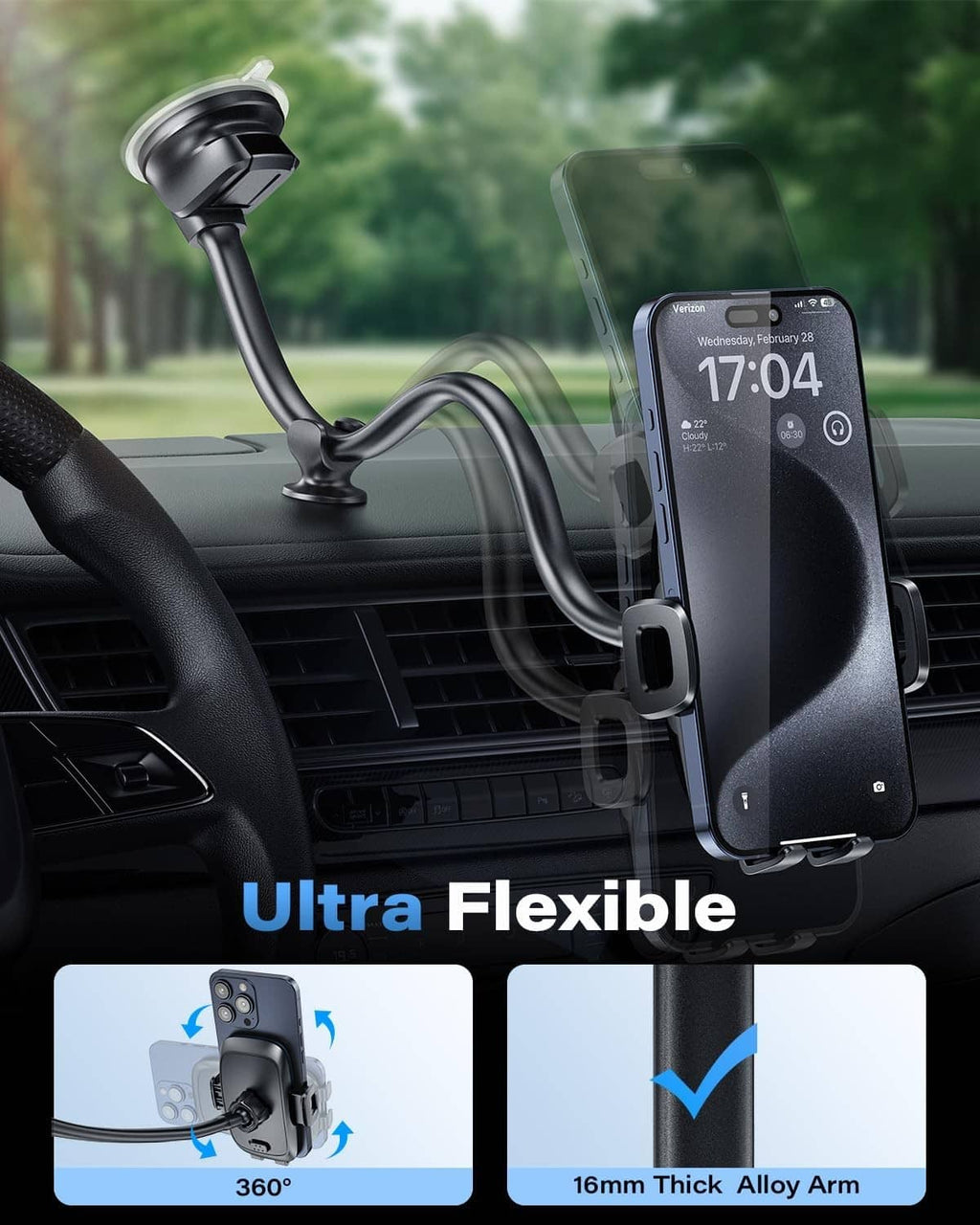 Dashboard phone mount with black clamp and flexible arm holding a smartphone