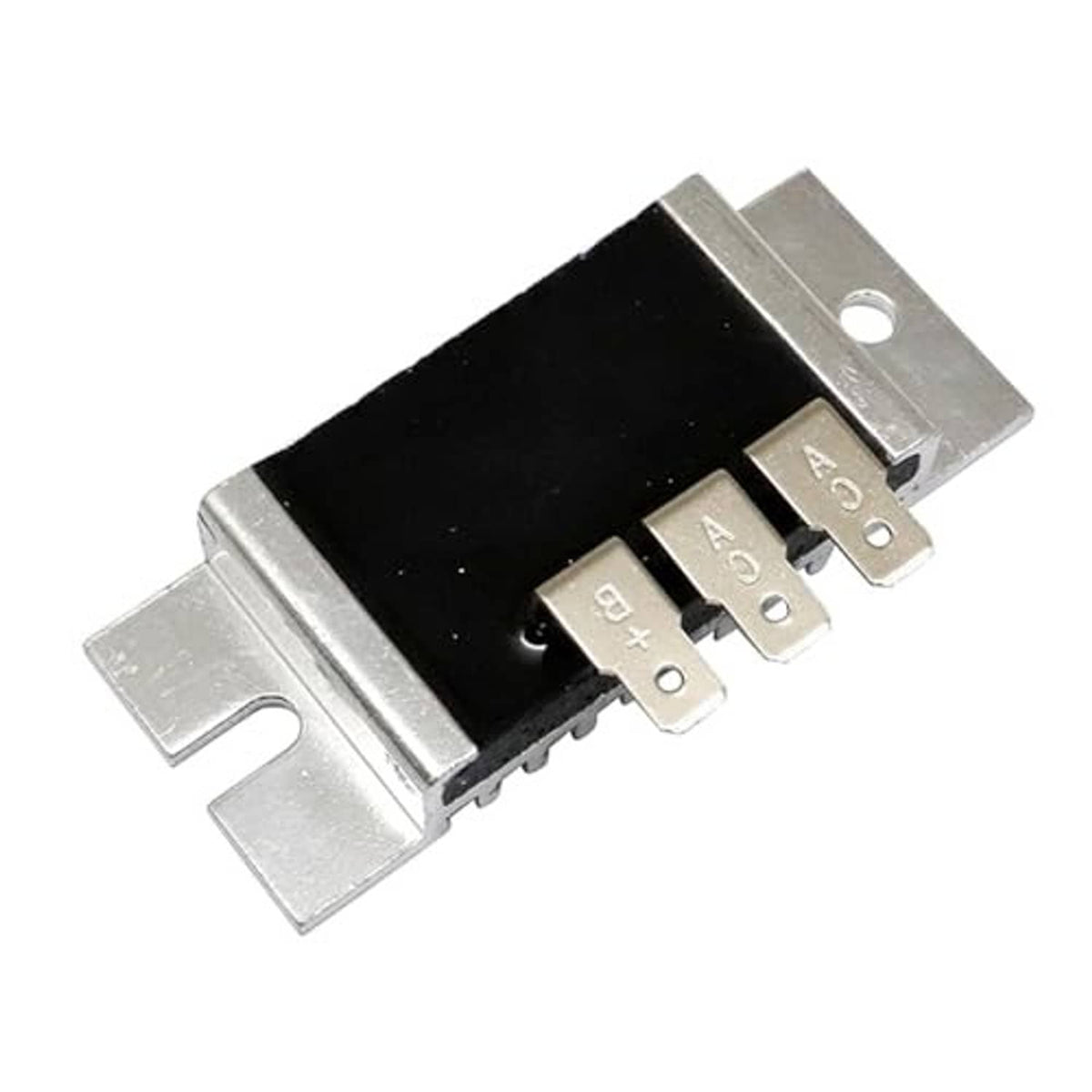 Voltage regulator rectifier with silver heatsink fins and black connector block, three terminals