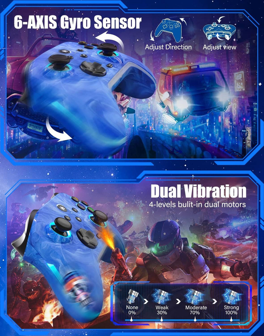 Blue Switch controller with gyro sensor and dual vibration motors