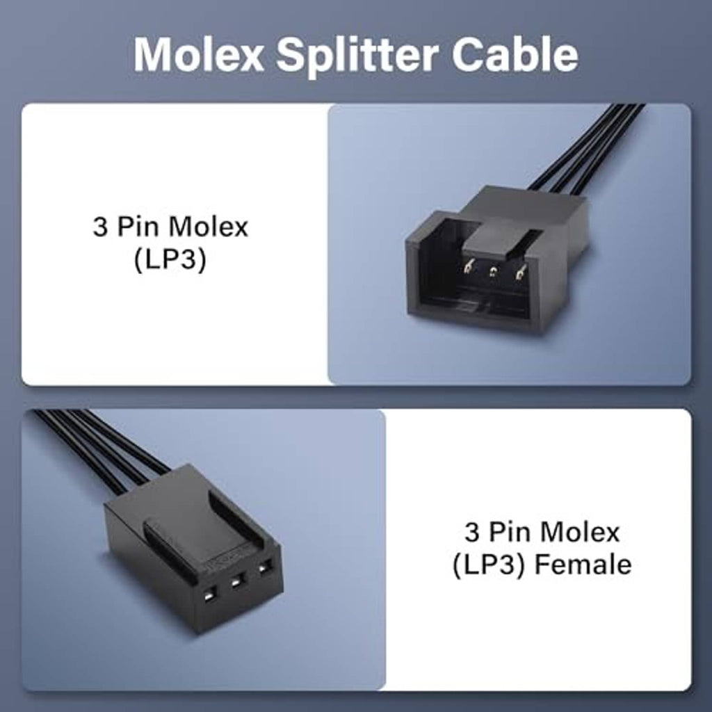 Fan splitter adapter showing a 3-pin Molex-style connector with black wire leads