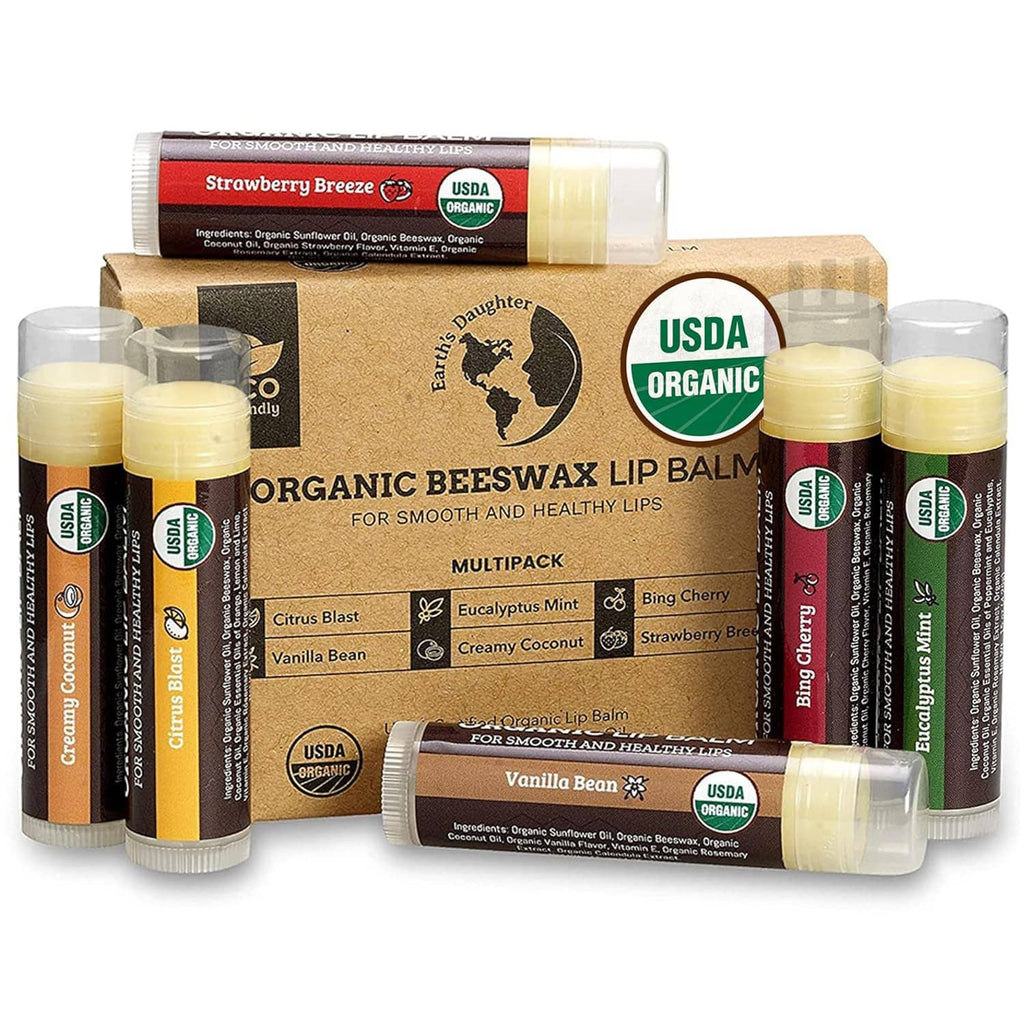 Organic beeswax lip balm multipack with six flavor tubes and cardboard box