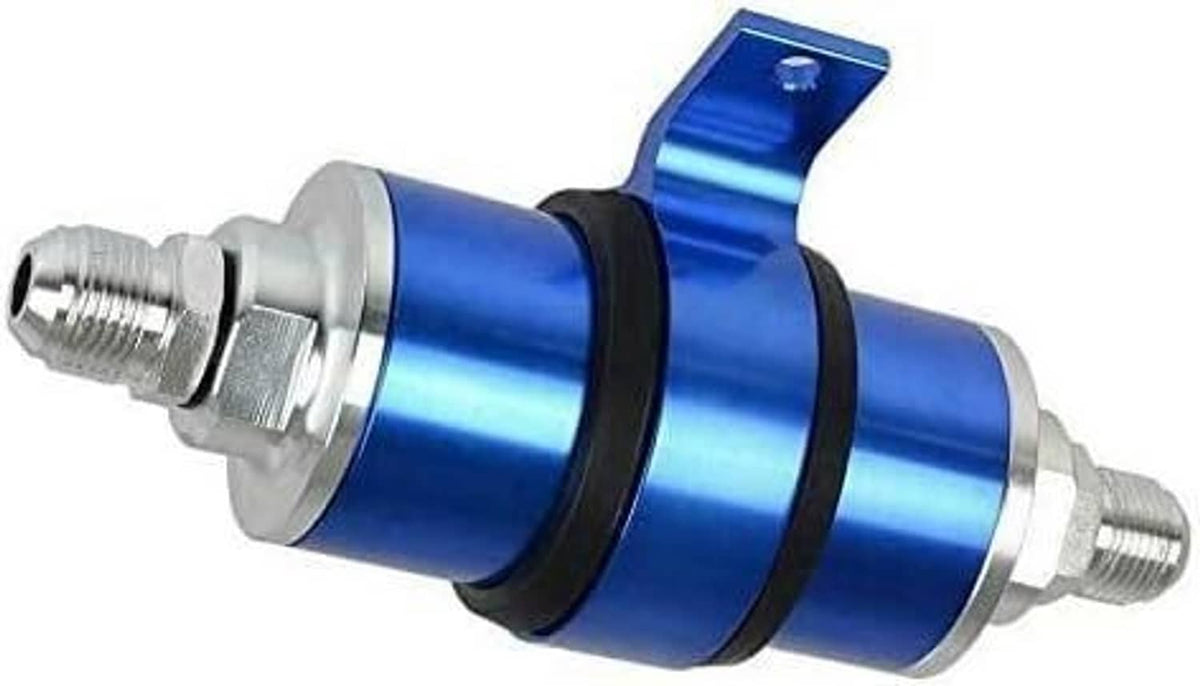 Blue inline fuel filter with bracket, AN-style threaded inlet and outlet