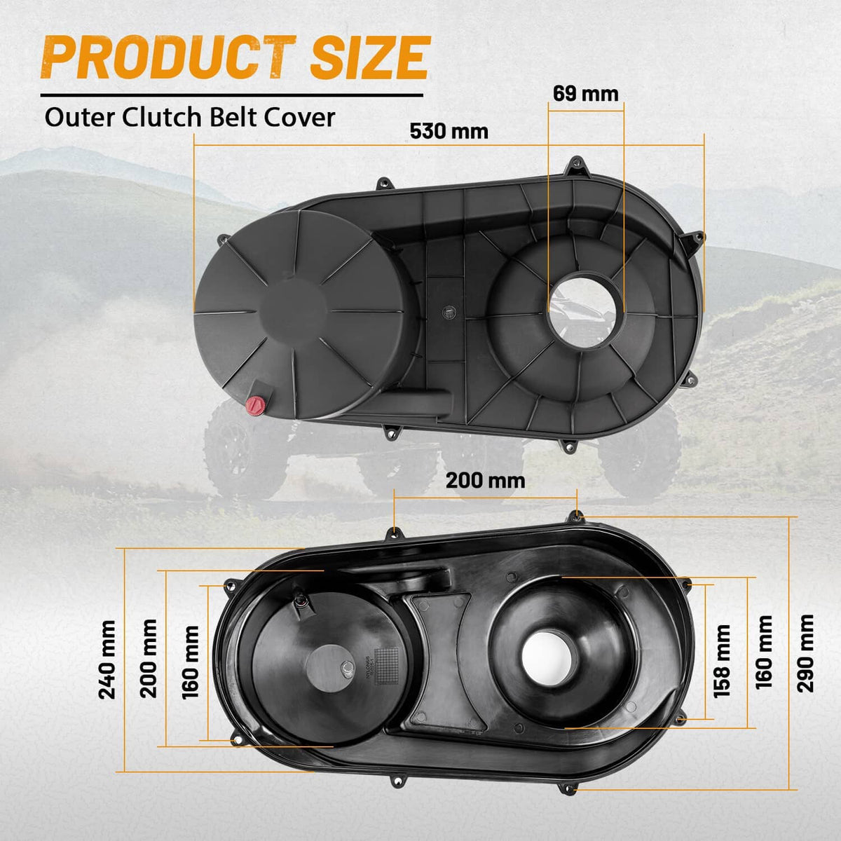 Black outer clutch belt cover diagram with dual fan housings and center round hole