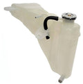 Pressurized coolant reservoir with cap, light beige tank and black hose