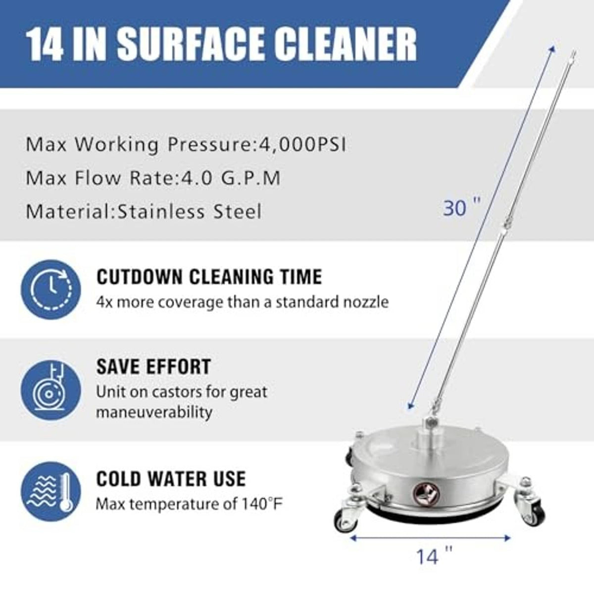 14 in surface cleaner body with center nozzle and four caster wheels, stainless steel