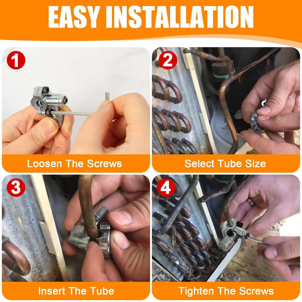 Silver bullet piercing valve installation showing hands tightening clamp screws