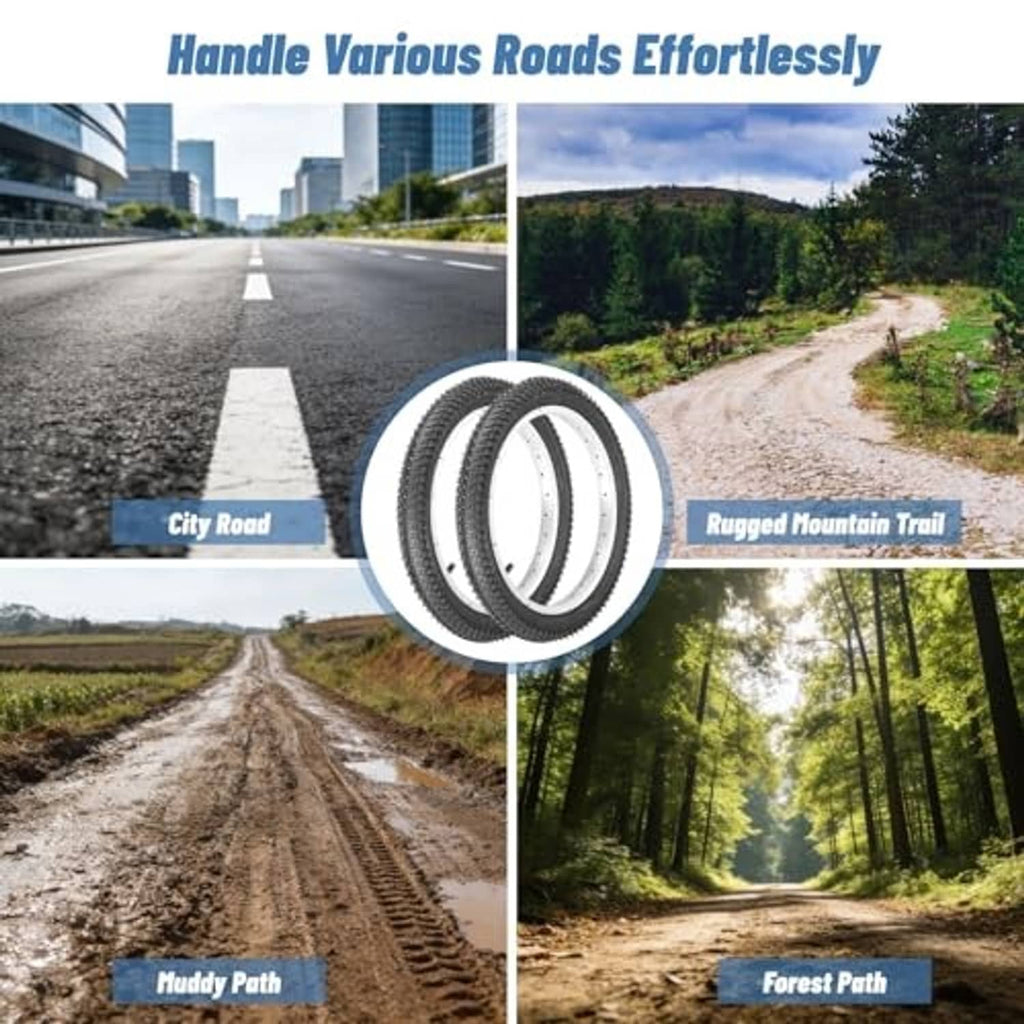 Two black knobby bike tires shown for mixed road and trail use