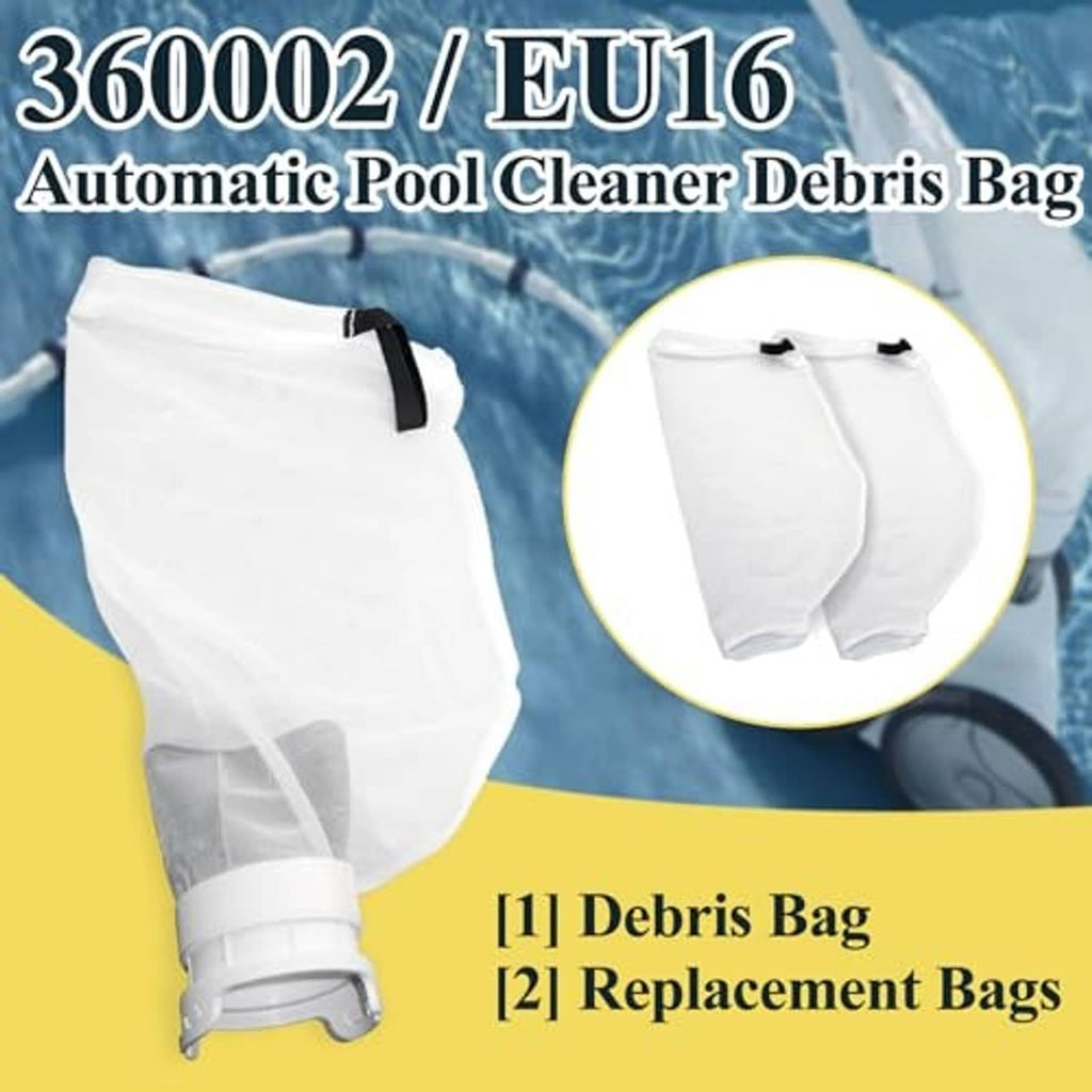 White automatic pool cleaner debris bag with black closure straps, two-pack style