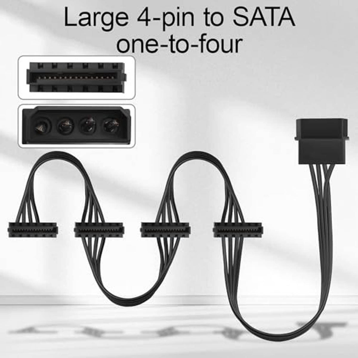 Power breakout cable with Molex 4-pin male plug and four SATA 15-pin female ports, black