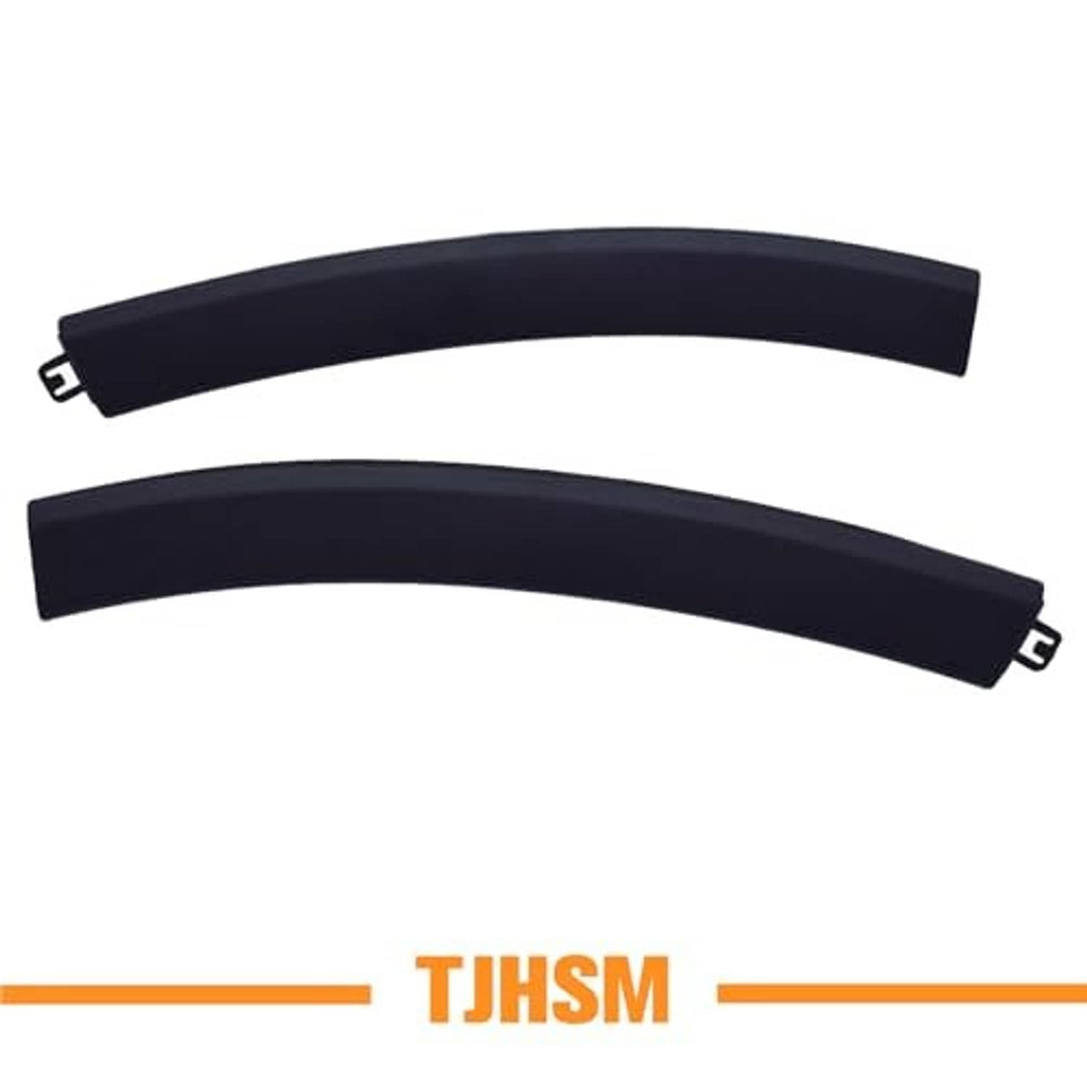 Front bumper wheel molding trim pair, black curved plastic with clip mounts on ends