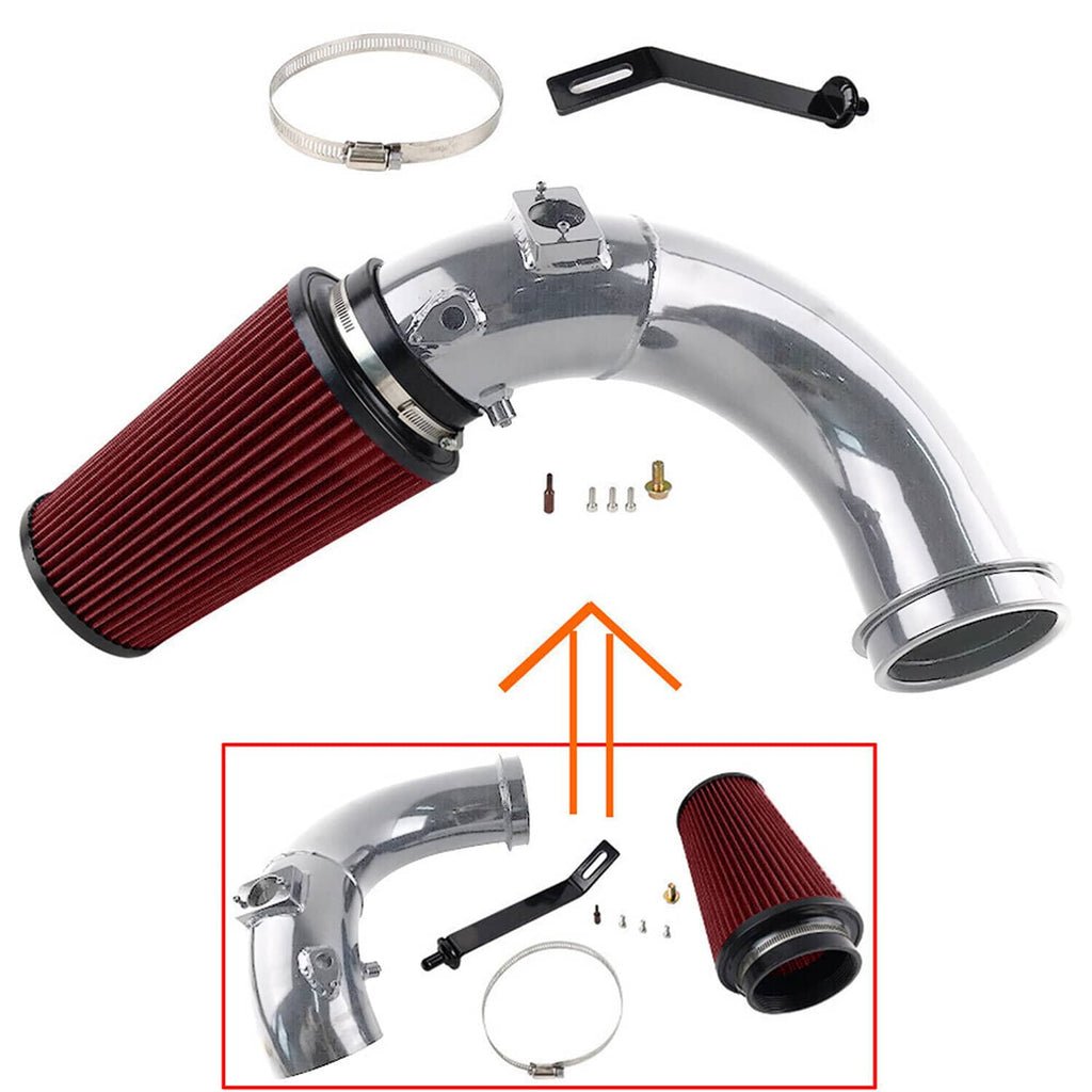 Cold air intake pipe kit with red pleated filter, chrome tube, clamp rings, and bracket.