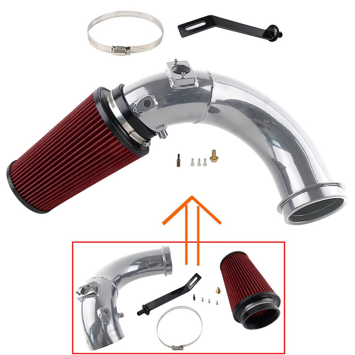 Cold air intake pipe kit with red pleated filter, chrome tube, clamp rings, and bracket.