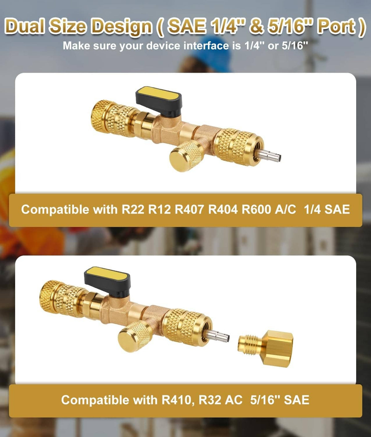 Brass valve core removal tool with black lever cap and dual-sided adapter ports