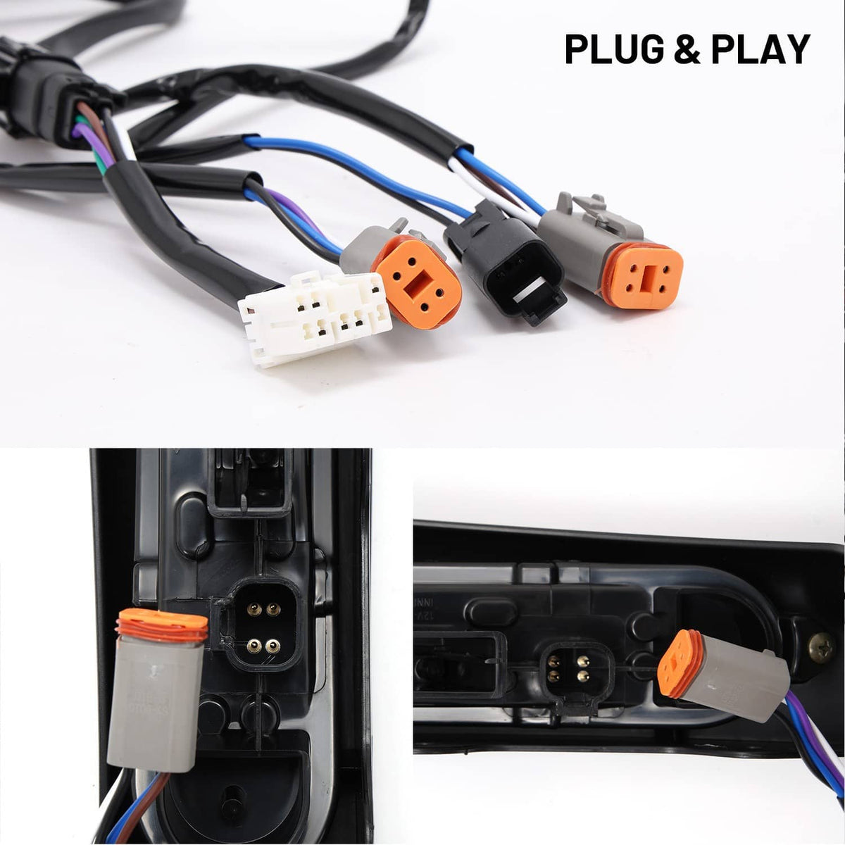 Wiring harness with plug connectors for rear fender LED light fascia installation