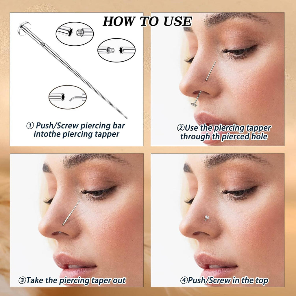 Piercing taper ball grabber tool showing insertion steps for body jewelry