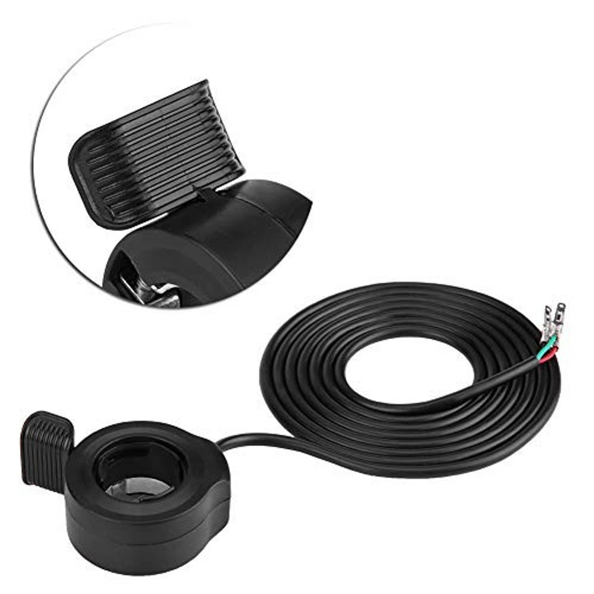 Black e-bike thumb throttle speed controller with coiled cable and mounting button