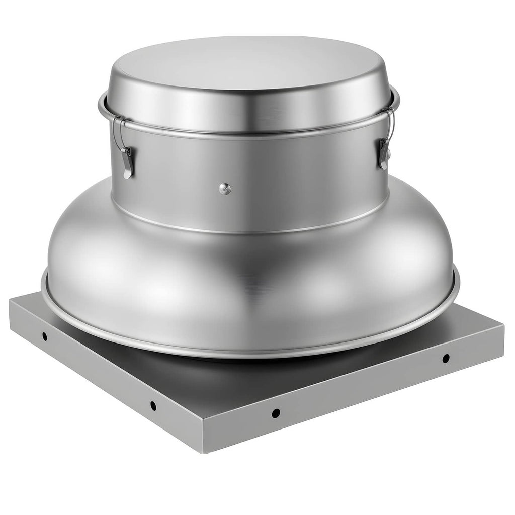 Aluminum roof ventilation fan with domed top cap and rectangular mounting base
