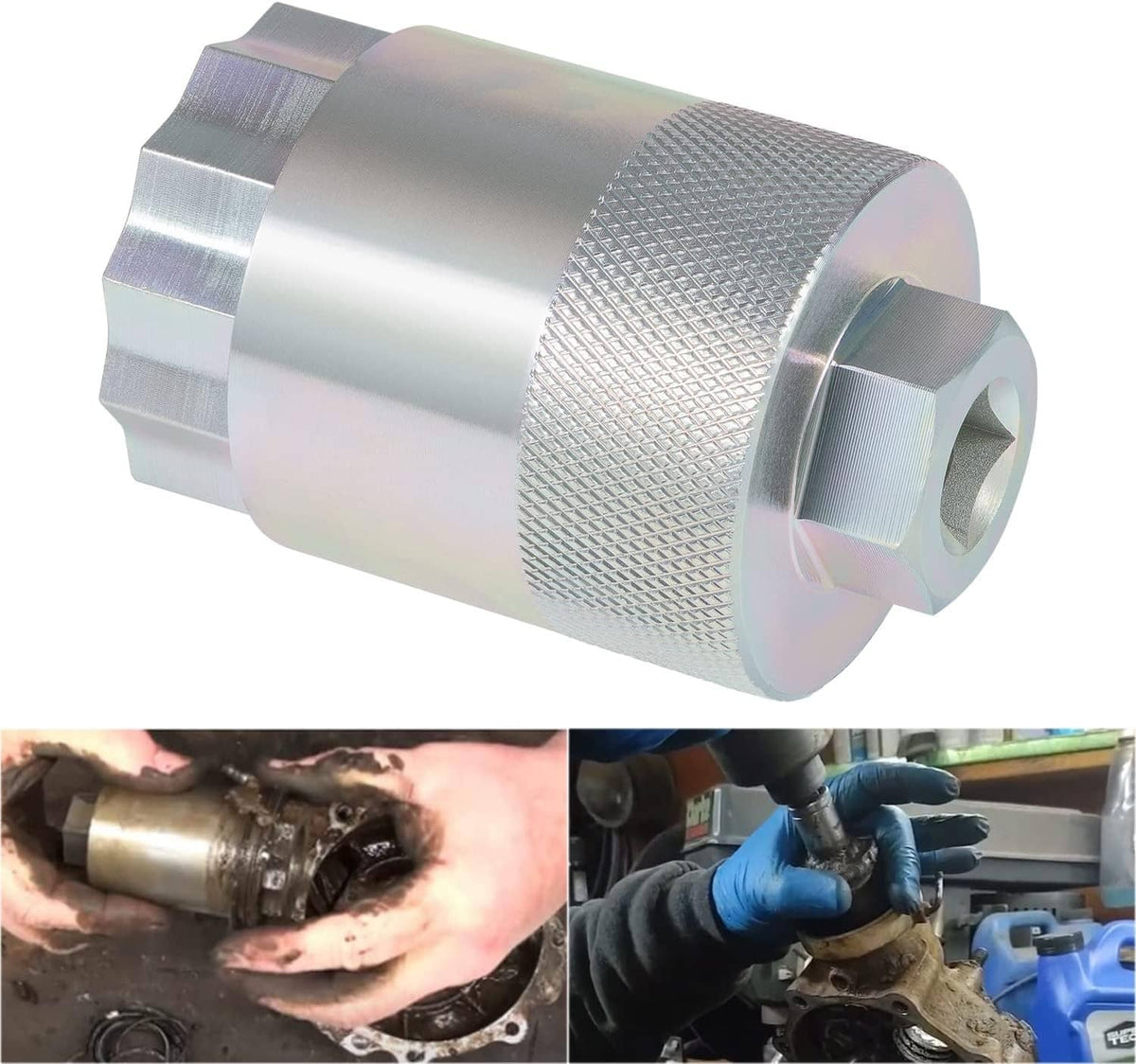 Metal 64mm rear differential pinion nut socket tool with knurled grip and hex opening