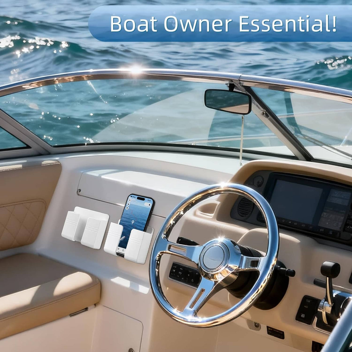 White phone holder mounted near boat steering wheel with phone inside