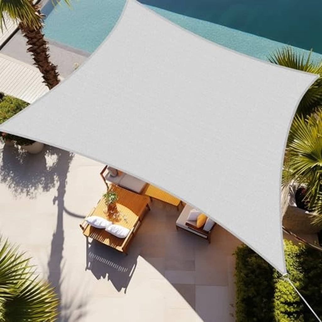 Light grey rectangle sun shade sail canopy stretched above patio walkway