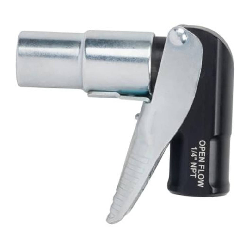 90-degree air chuck with chrome barrel and black open-flow handle, thumb trigger