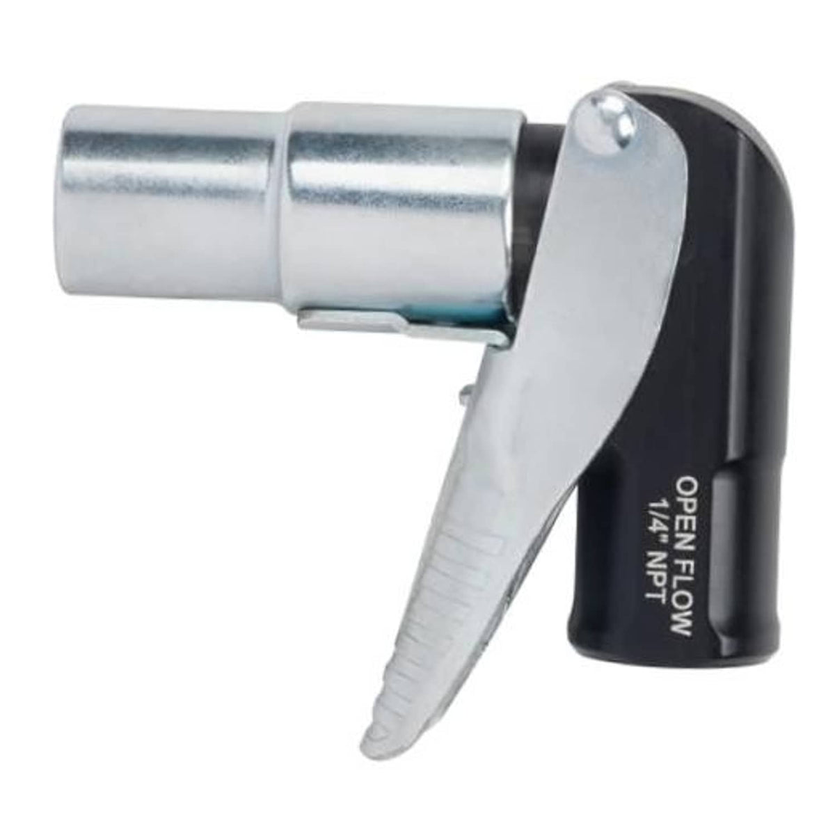 90-degree air chuck with chrome barrel and black open-flow handle, thumb trigger