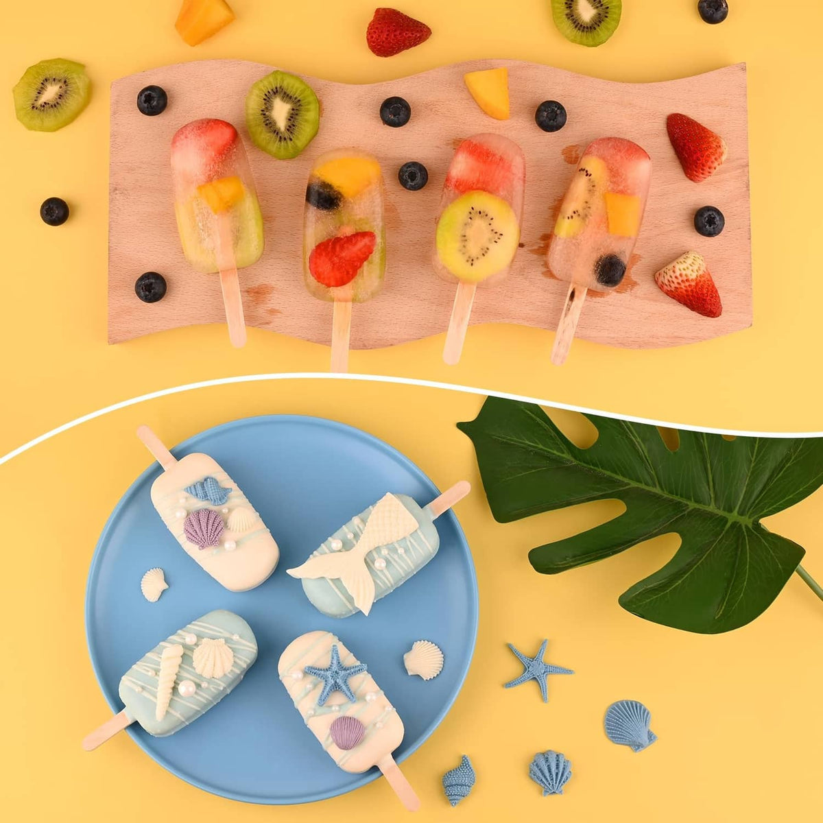 Colorful fruit popsicles on sticks on a plate with blueberries and kiwi pieces